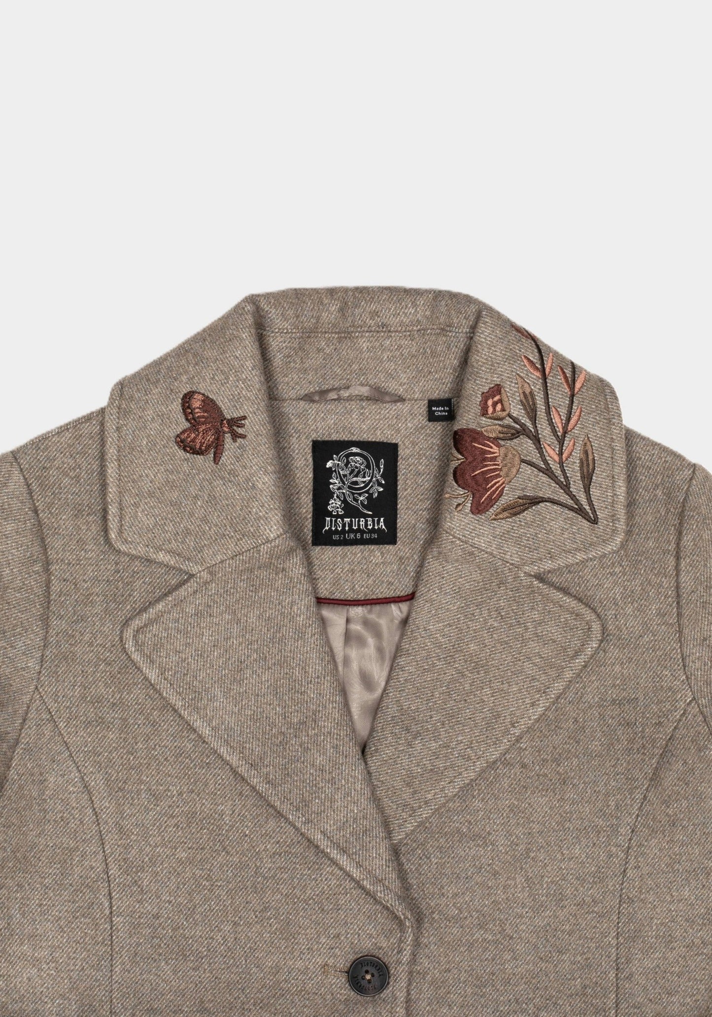 Valeria Floral Moth Embroidered Herringbone Longline Coat