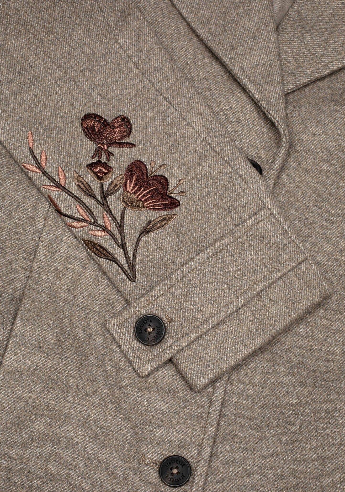 Valeria Floral Moth Embroidered Herringbone Longline Coat