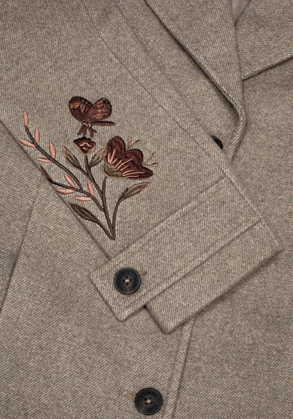 Valeria Floral Moth Embroidered Herringbone Longline Coat