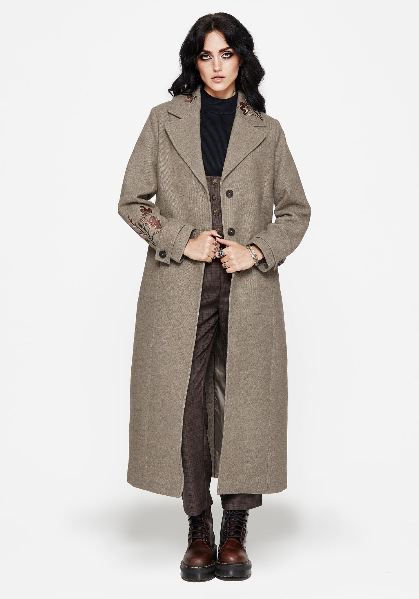 Valeria Floral Moth Embroidered Herringbone Longline Coat