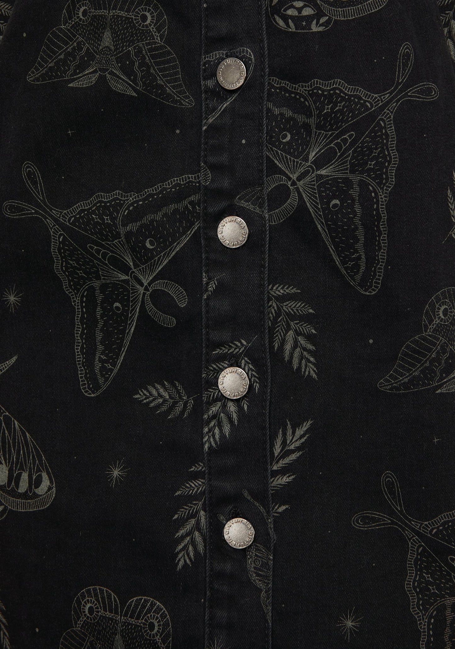 Callopistria Moth Print Denim Mini Apron Dress