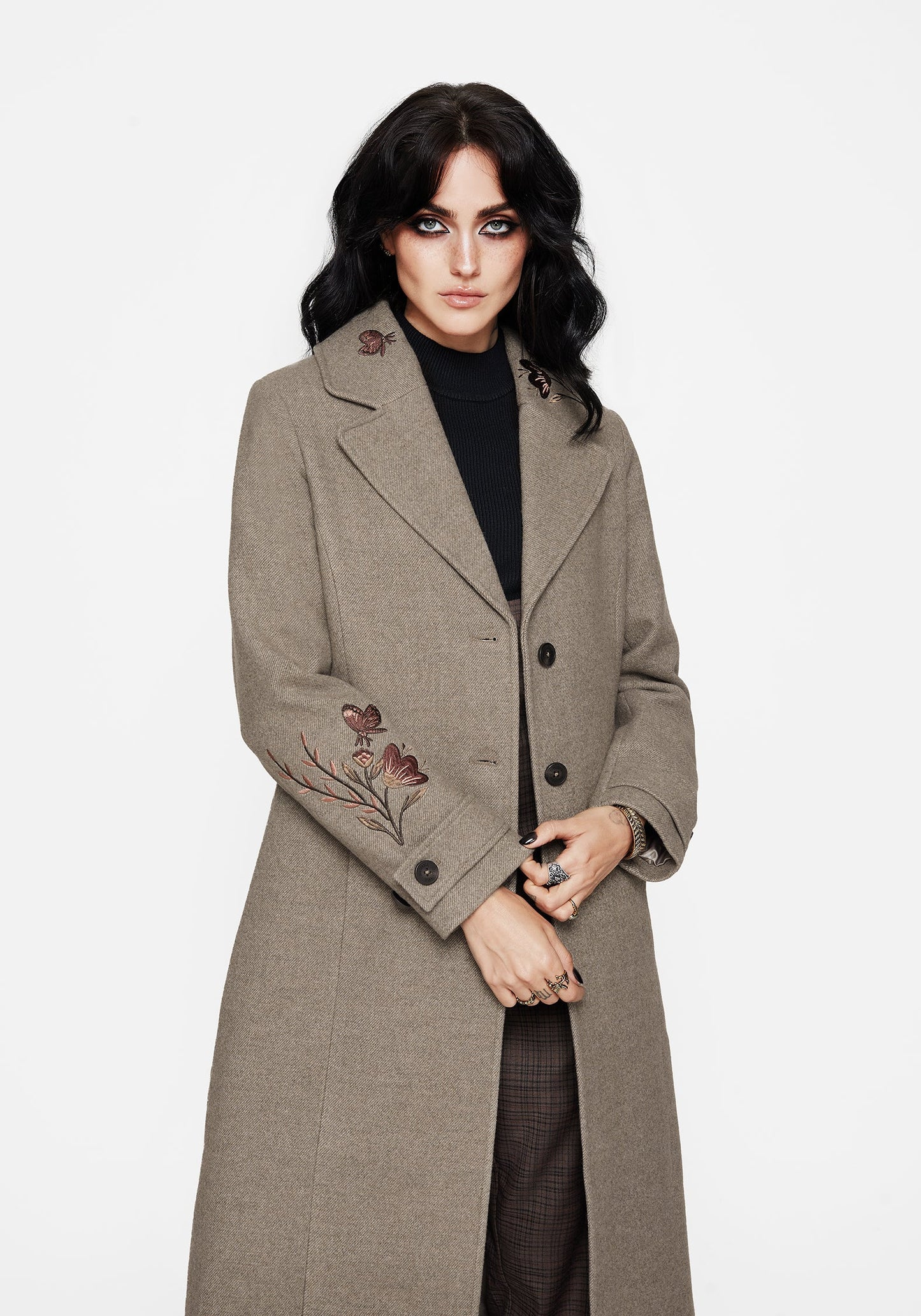 Valeria Floral Moth Embroidered Herringbone Longline Coat