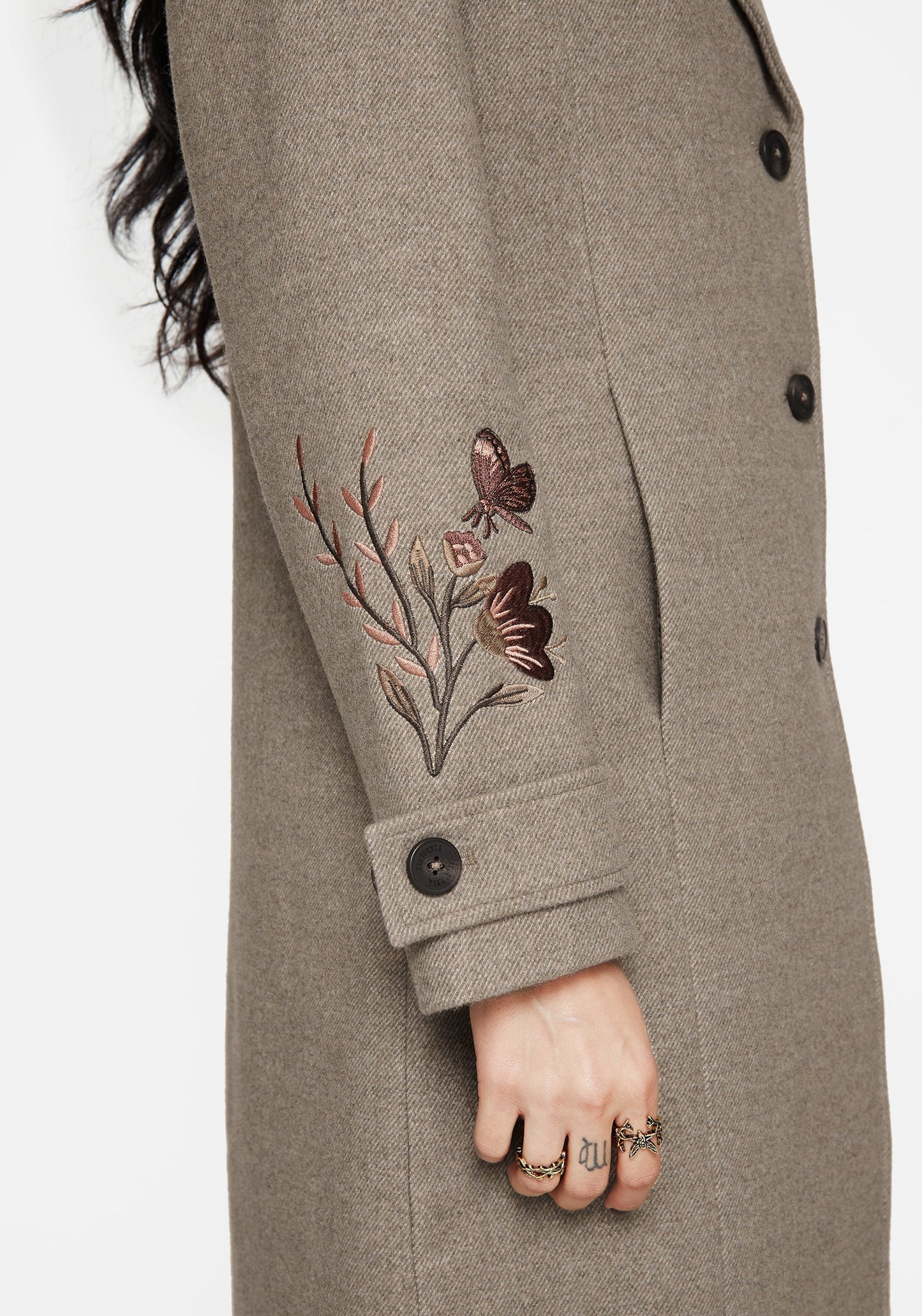 Valeria Floral Moth Embroidered Herringbone Longline Coat