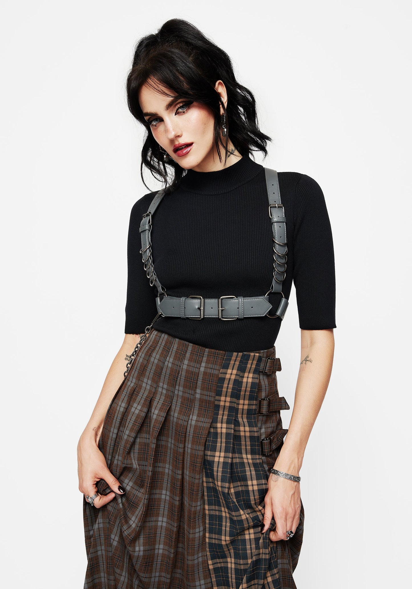 Raven Pleated Check Buckle Detail Maxi Skirt