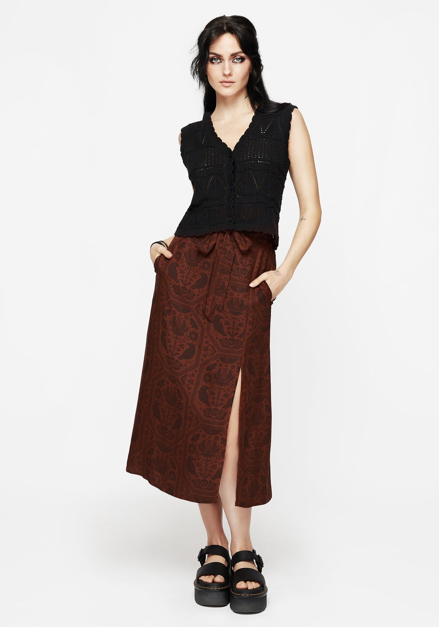 Annabel Raven Print Split Front Midi Skirt - Rust