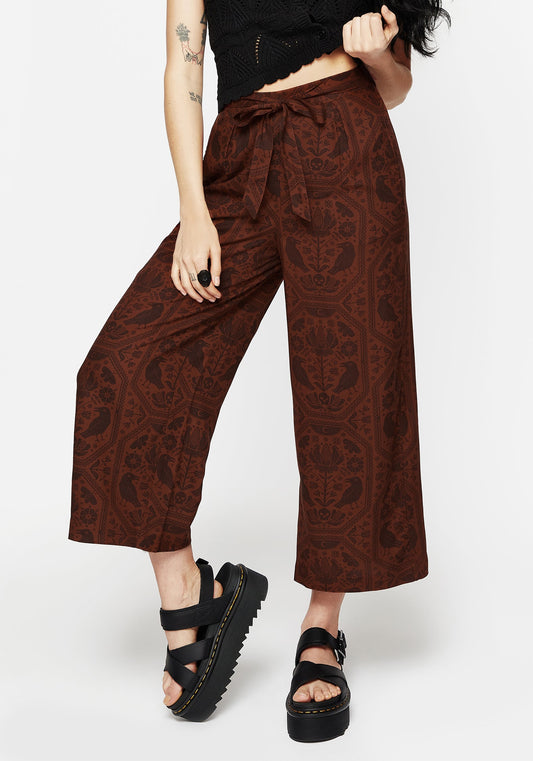 Annabel Tie Waist Wide Leg Culotte Trousers - Rust