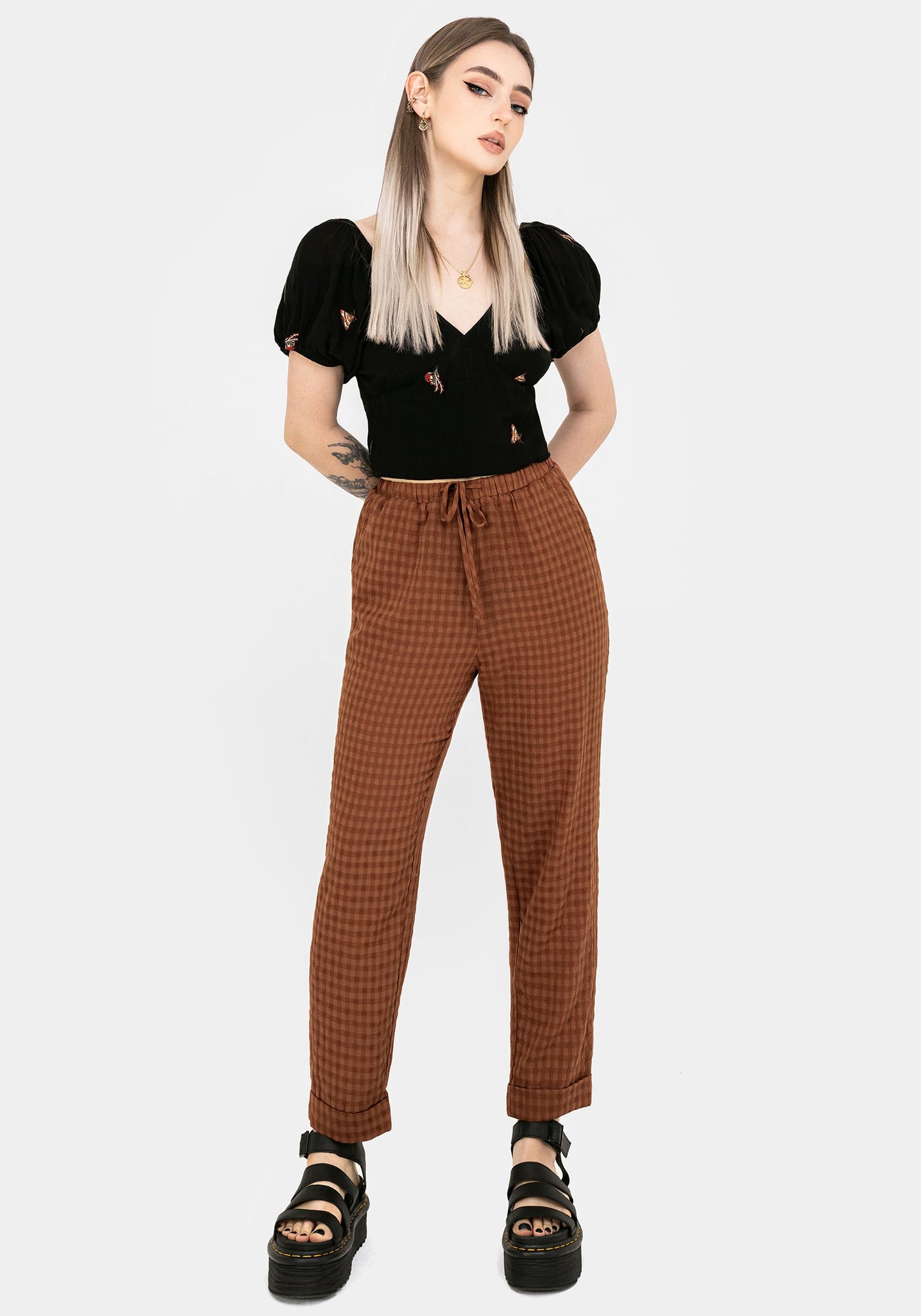 Soleil Cotton-Blend Check Tapered Trouser
