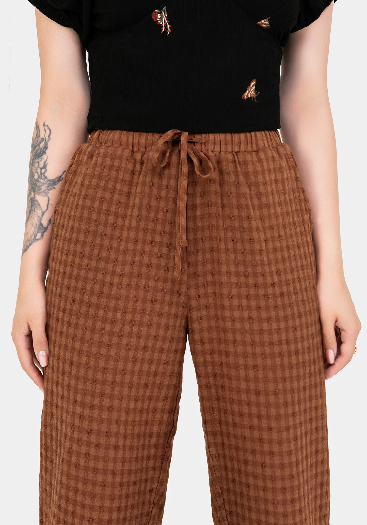 Soleil Cotton-Blend Check Tapered Trouser