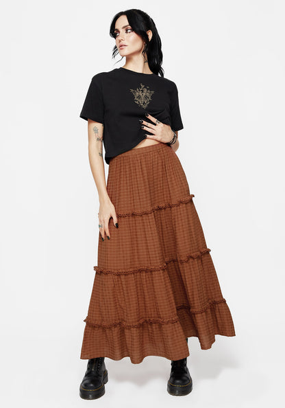 Soleil Cotton-Blend Check Tiered Maxi Skirt