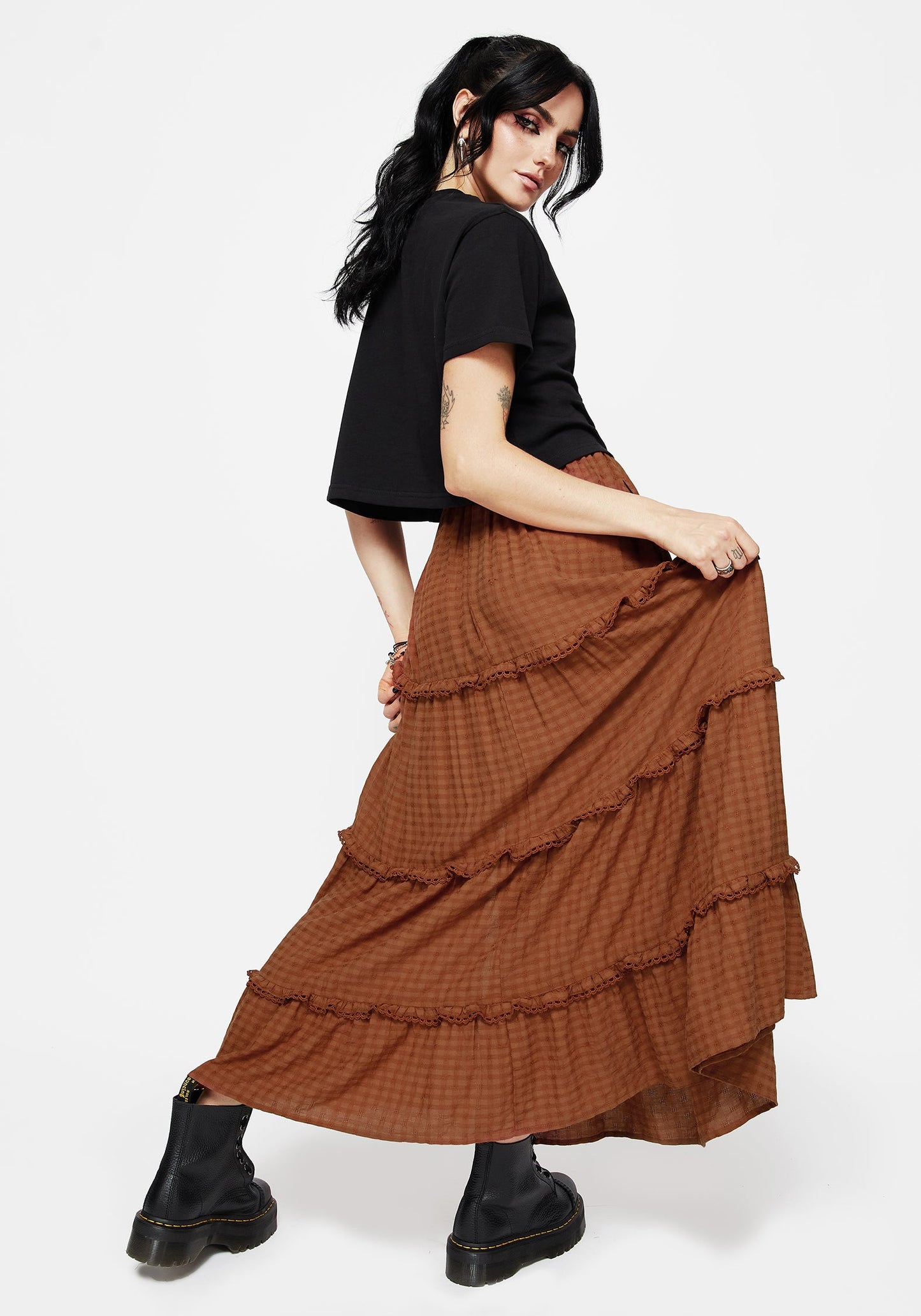 Soleil Cotton-Blend Check Tiered Maxi Skirt
