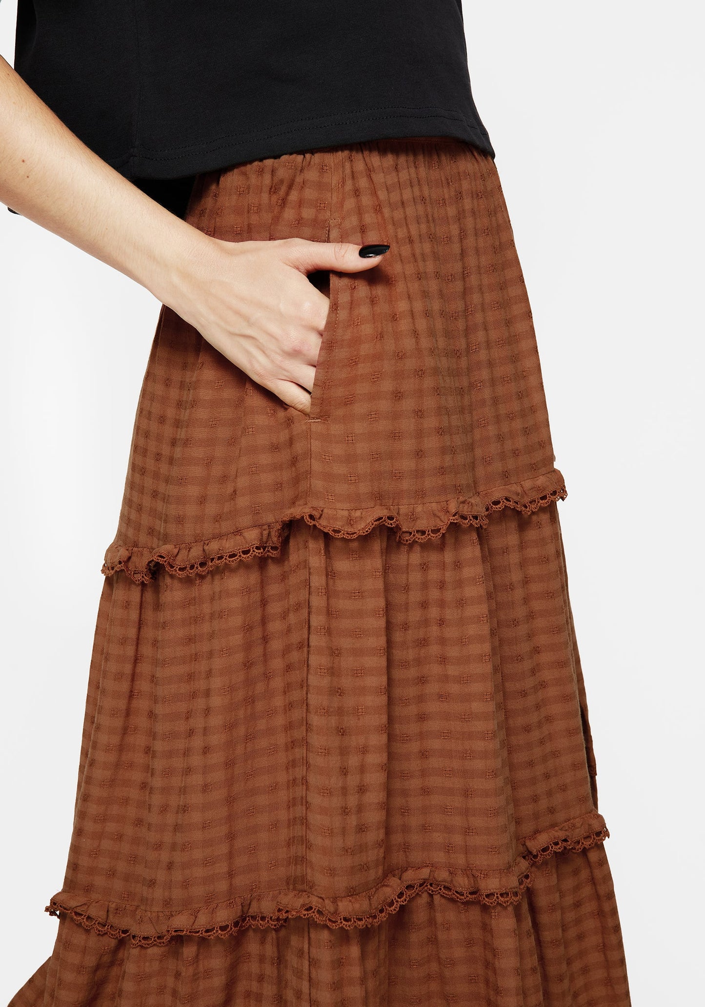 Soleil Cotton-Blend Check Tiered Maxi Skirt