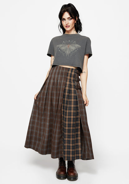 Raven Pleated Check Buckle Detail Maxi Skirt