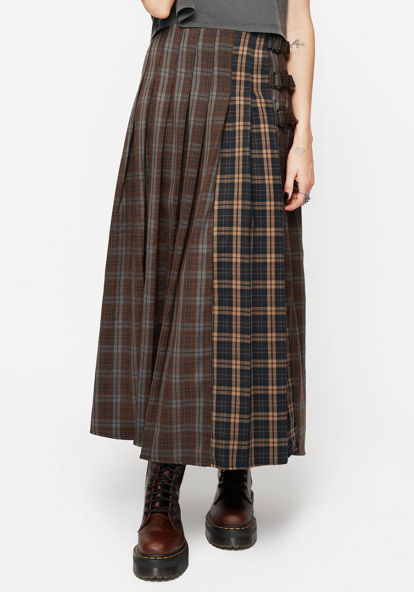 Raven Pleated Check Buckle Detail Maxi Skirt