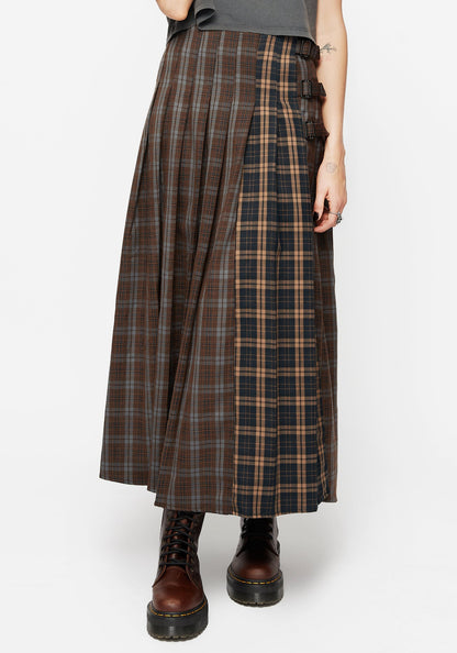 Raven Pleated Check Buckle Detail Maxi Skirt