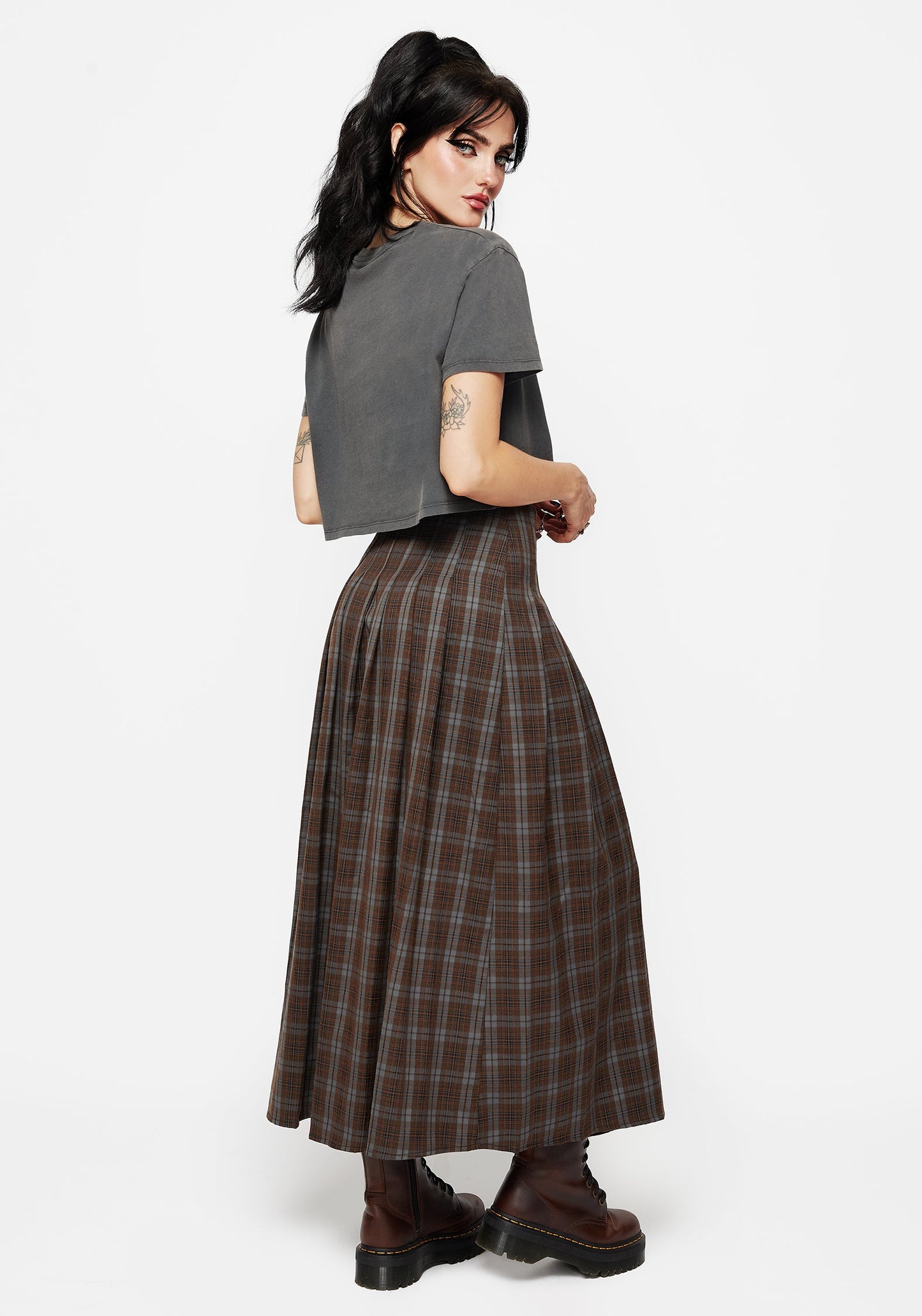 Raven Pleated Check Buckle Detail Maxi Skirt