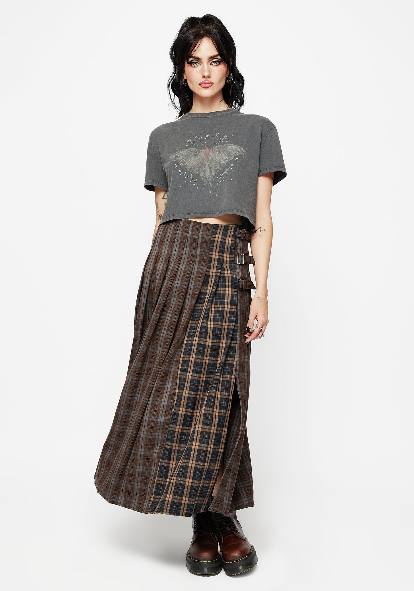 Raven Pleated Check Buckle Detail Maxi Skirt