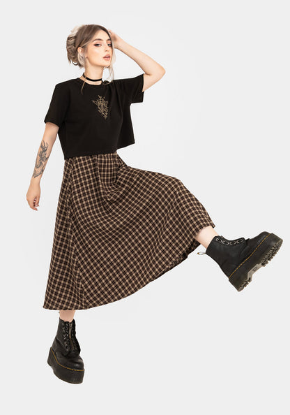 Terra Cotton Check Midi Skirt - Brown