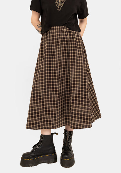 Terra Cotton Check Midi Skirt - Brown