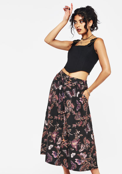 Eloise Floral Butterfly Print Button Up Midi Skirt
