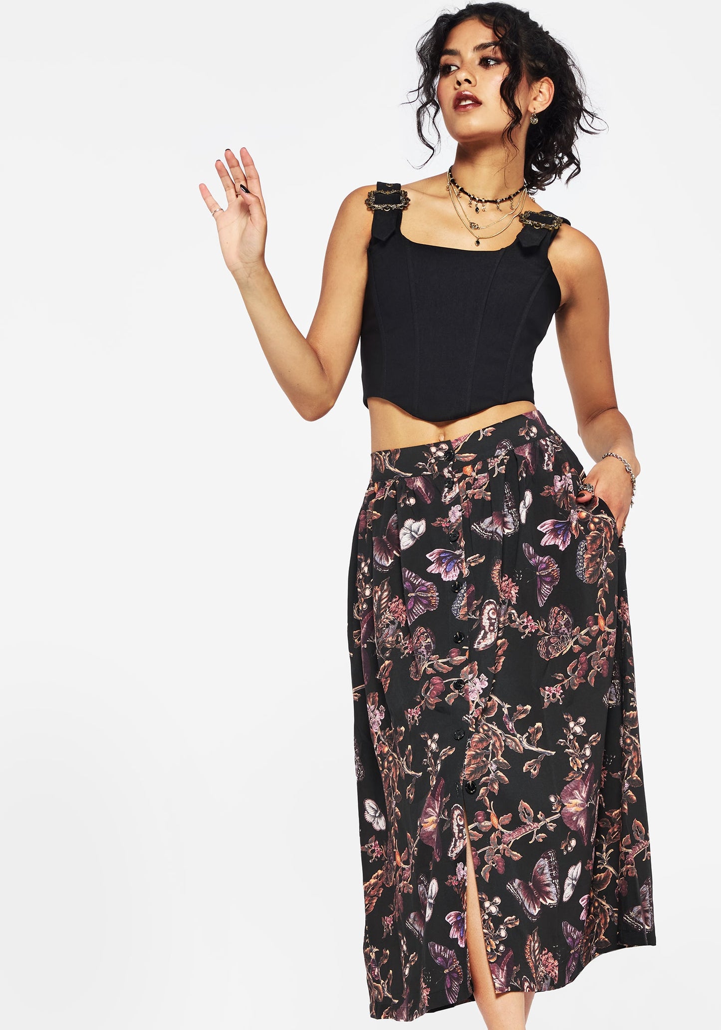 Eloise Floral Butterfly Print Button Up Midi Skirt