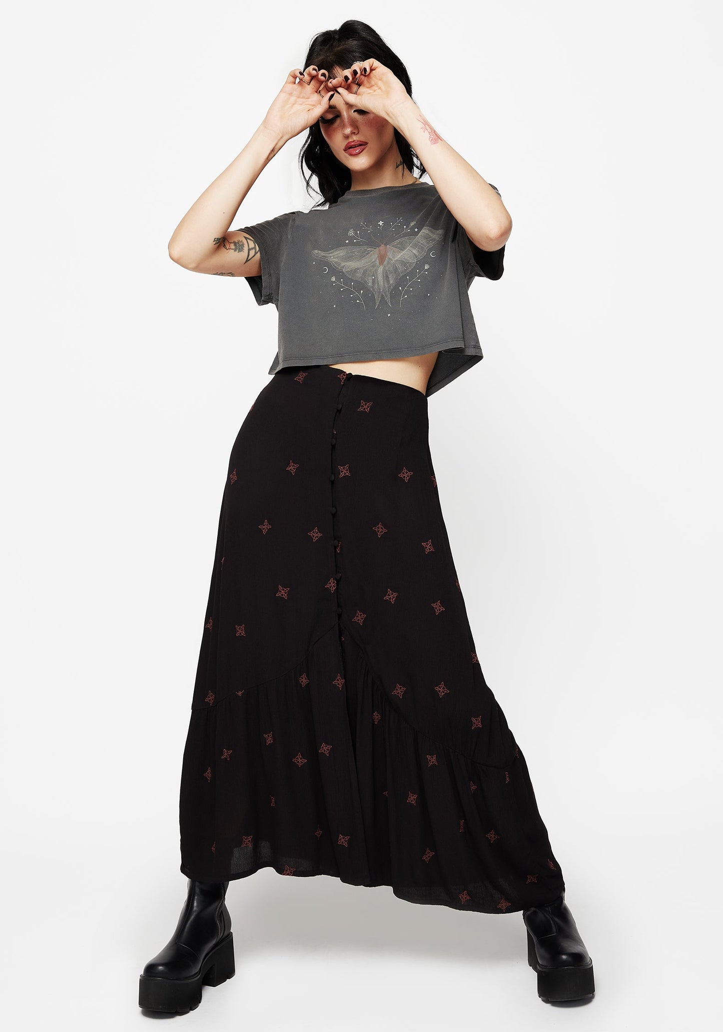 Sublime Witches Knot Embroidered Button Down Midaxi Skirt