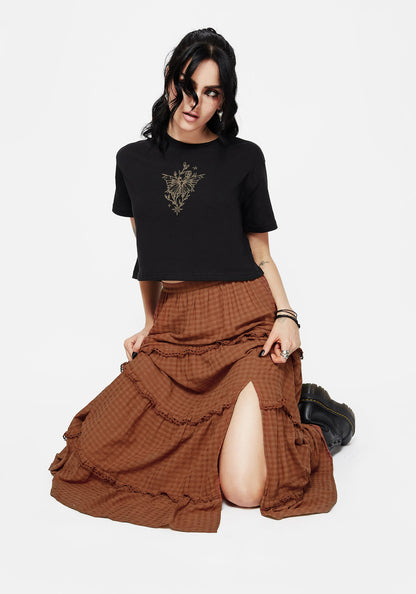 Soleil Cotton-Blend Check Tiered Maxi Skirt