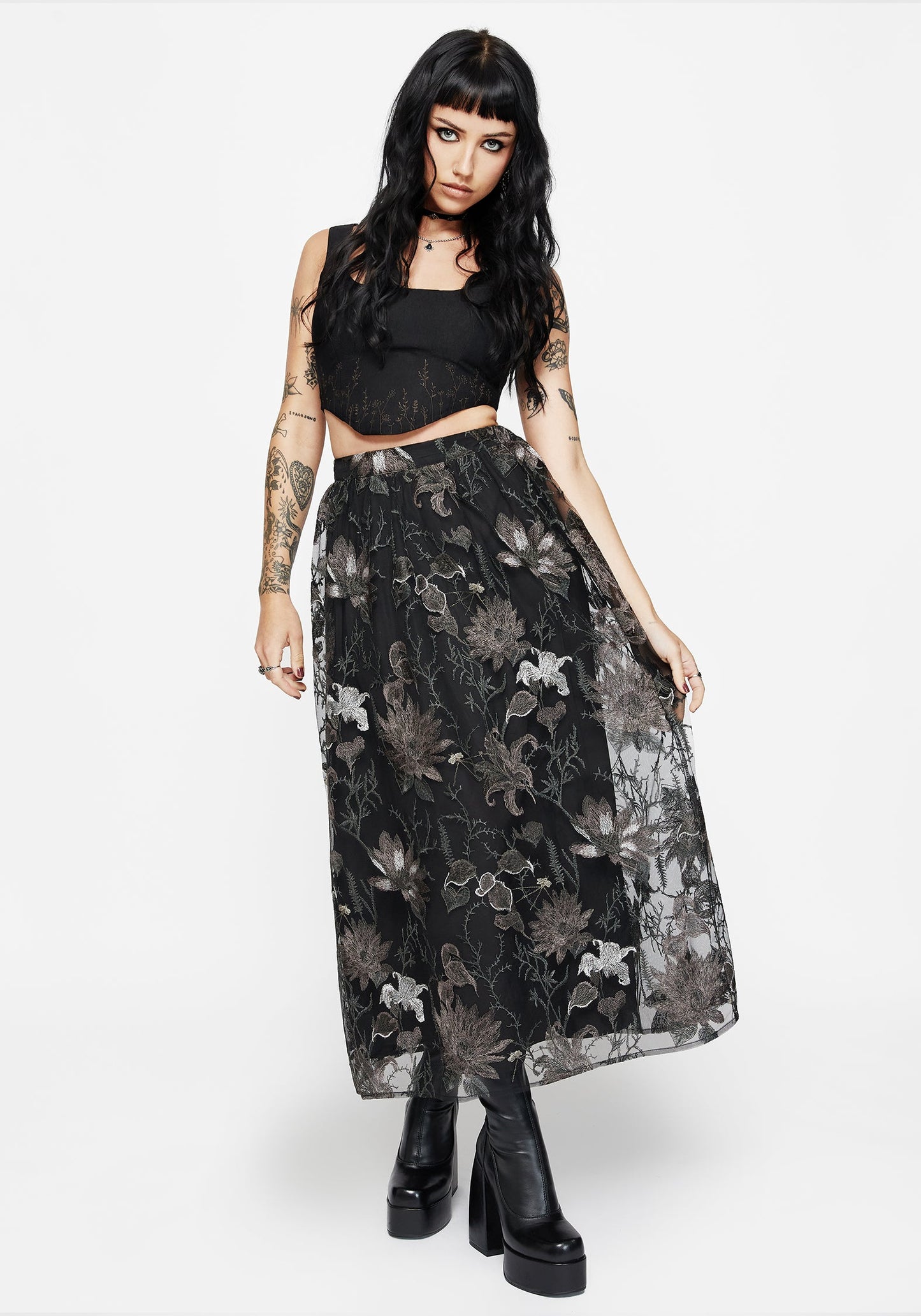 Estrid Embroidered Mesh Gown Skirt - Silver
