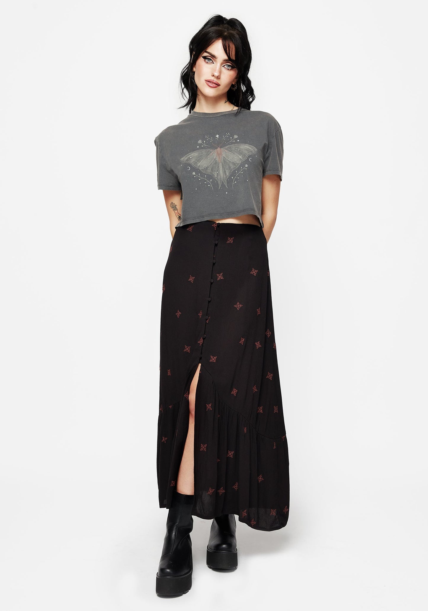 Sublime Witches Knot Embroidered Button Down Midaxi Skirt