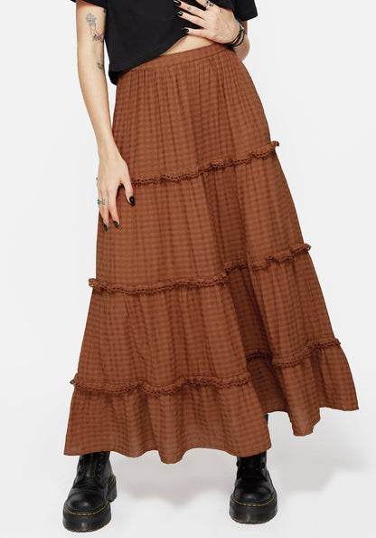 Soleil Cotton-Blend Check Tiered Maxi Skirt