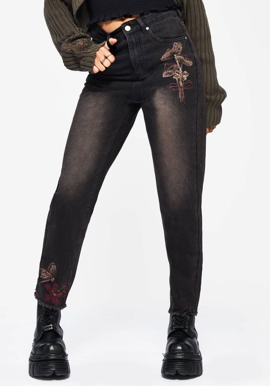 Valeria Floral Moth Embroidered Mom Jeans