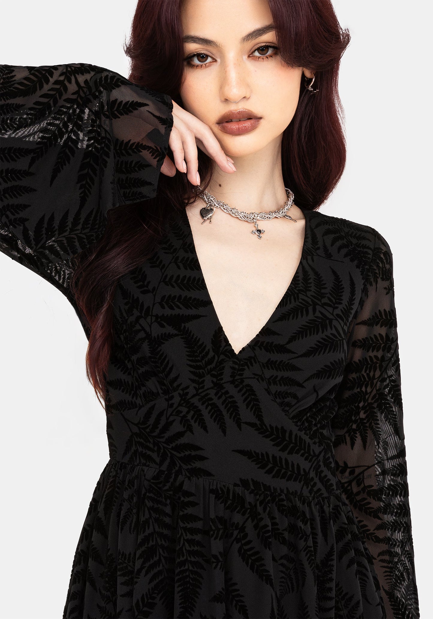 Lunafern Fern Leaf Flocked Mesh Flute Sleeve Mini Dress