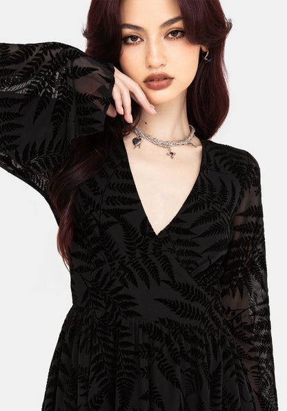 Lunafern Fern Leaf Flocked Mesh Flute Sleeve Mini Dress