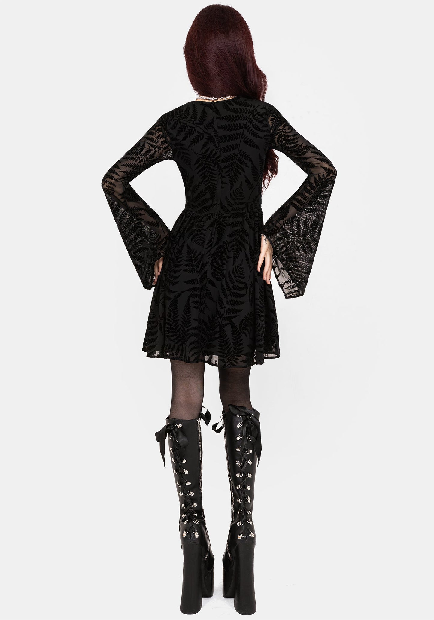 Lunafern Fern Leaf Flocked Mesh Flute Sleeve Mini Dress