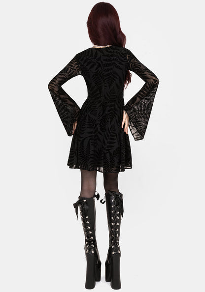 Lunafern Fern Leaf Flocked Mesh Flute Sleeve Mini Dress