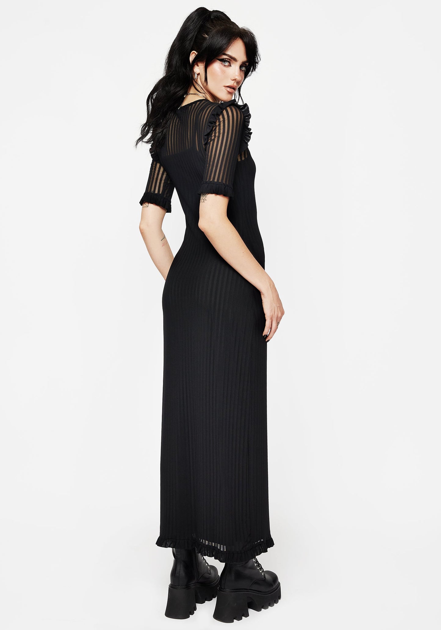 Mourning Ruffle Detail Mesh Short Sleeve Maxi Dress