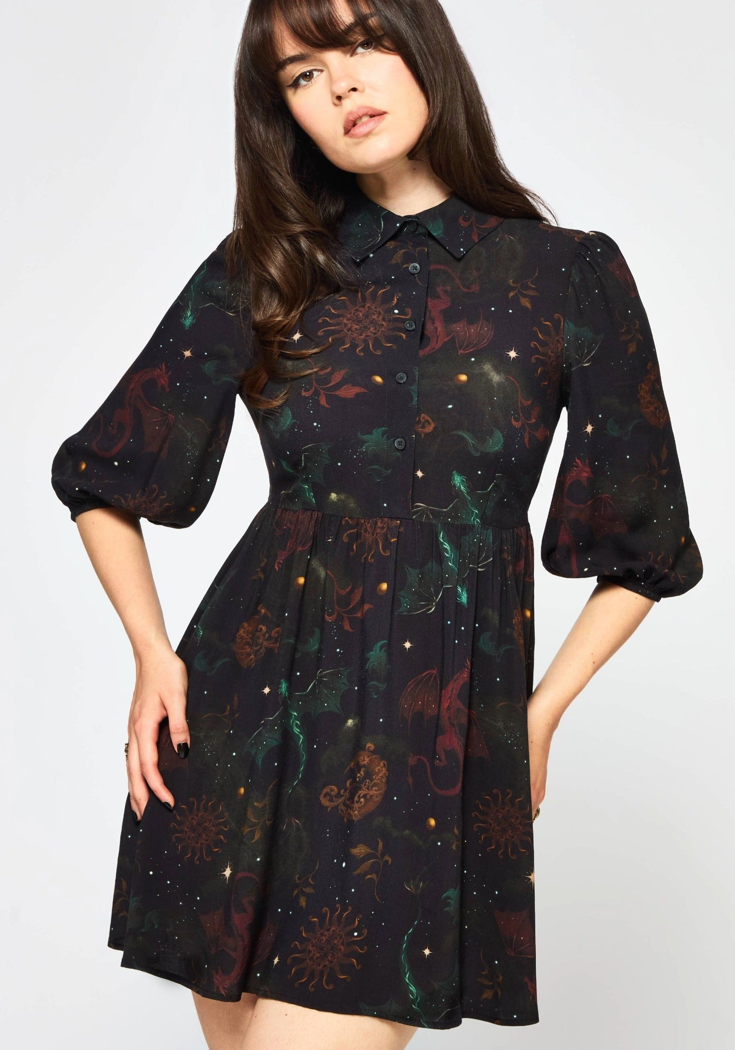 Phoenix Dragon Printed Mini Shirt Dress