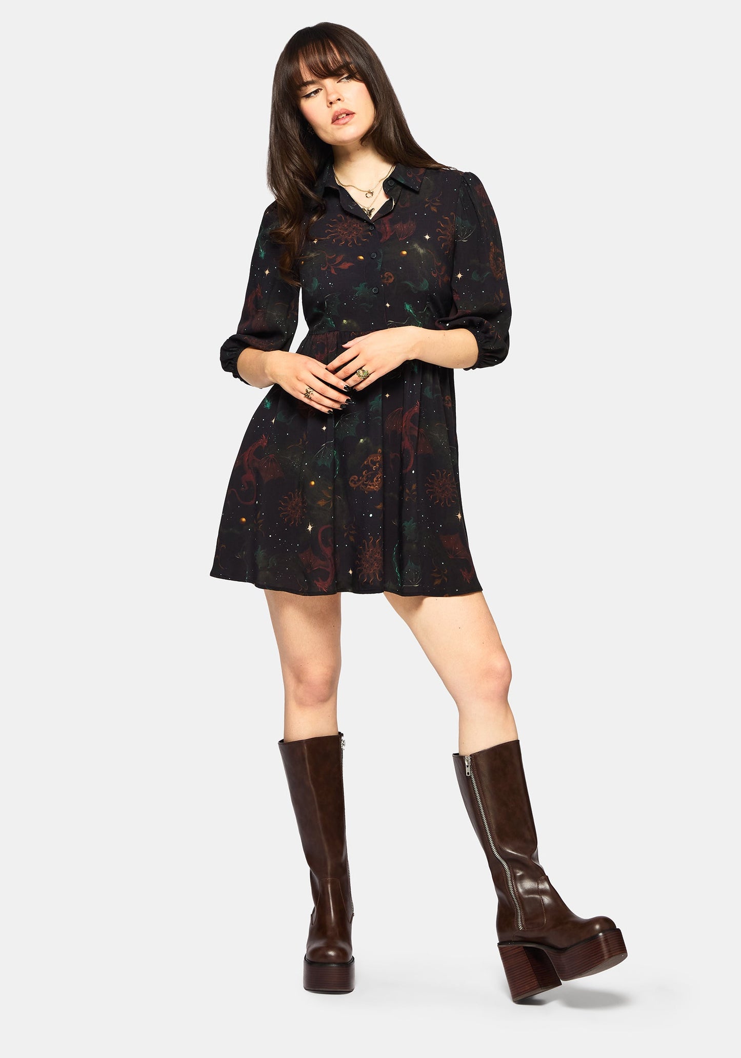Phoenix Dragon Printed Mini Shirt Dress