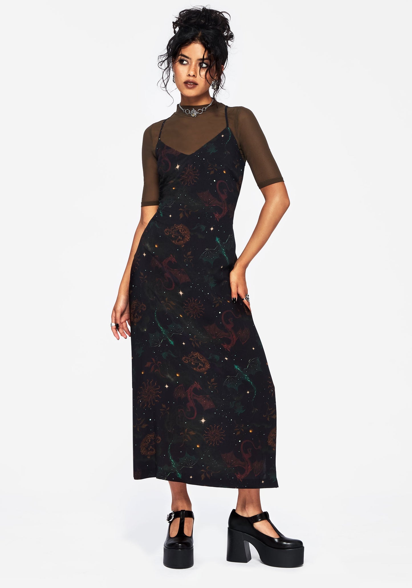 Phoenix Dragon Printed Cami Midi Dress