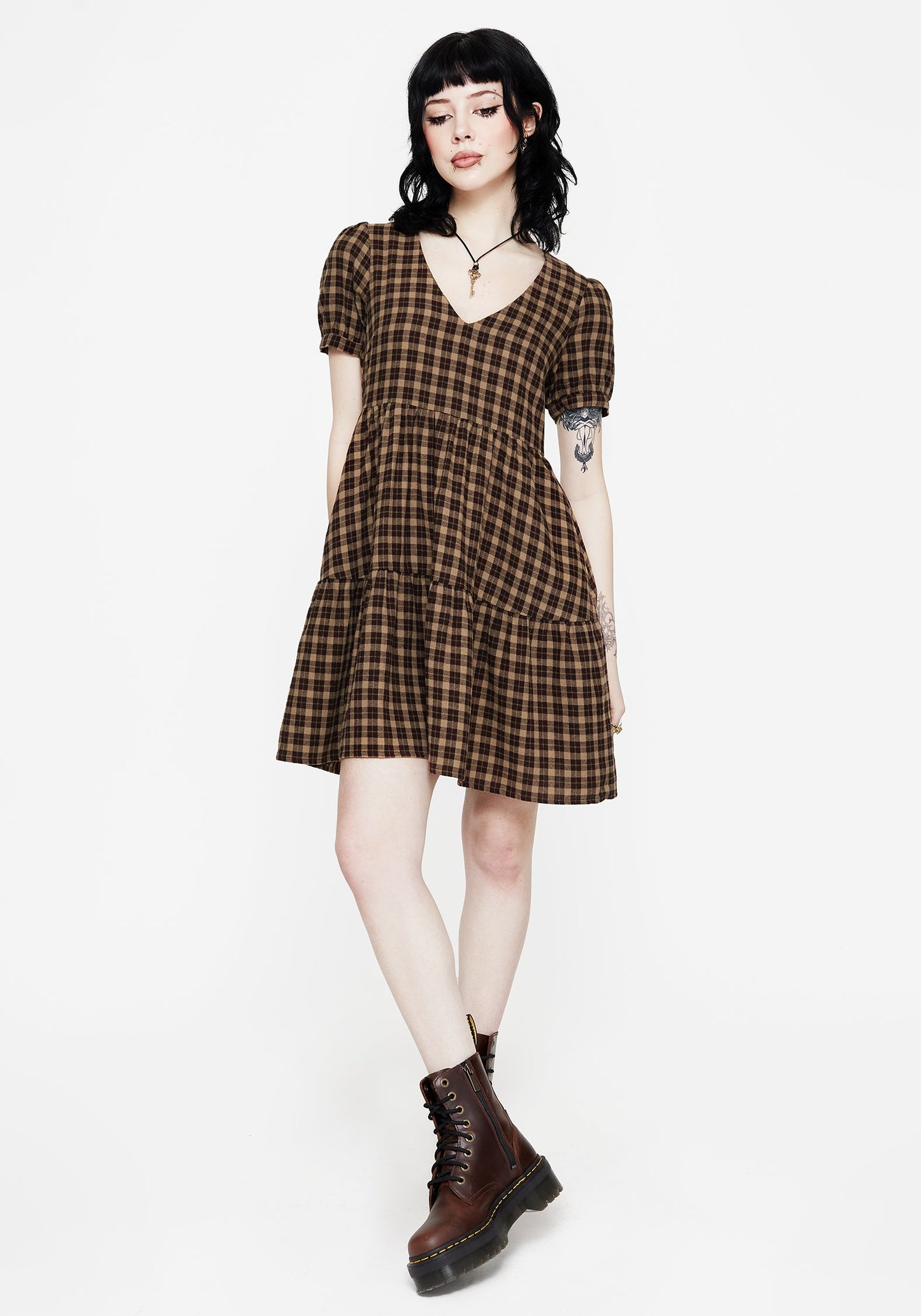 Terra Cotton Check Smock Mini Dress - Brown