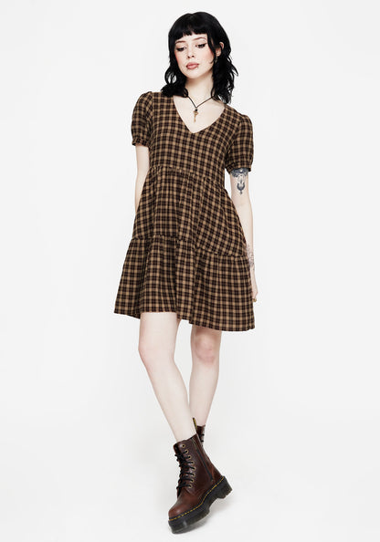Terra Cotton Check Smock Mini Dress - Brown