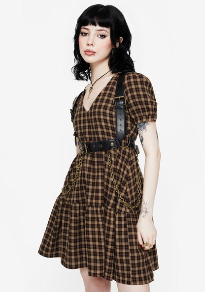 Terra Cotton Check Smock Mini Dress - Brown
