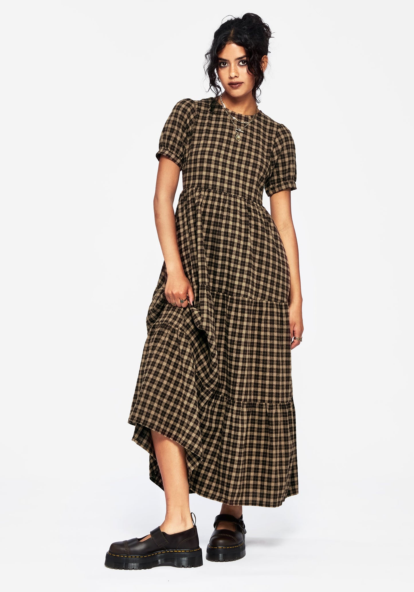Terra Cotton Check Smock Midaxi Dress - Brown