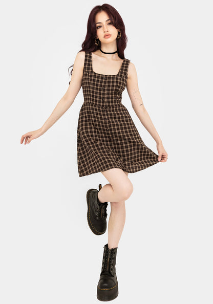 Terra Cotton Check Sleeveless Button Up Mini Dress - Brown