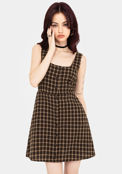 Terra Cotton Check Sleeveless Button Up Mini Dress - Brown