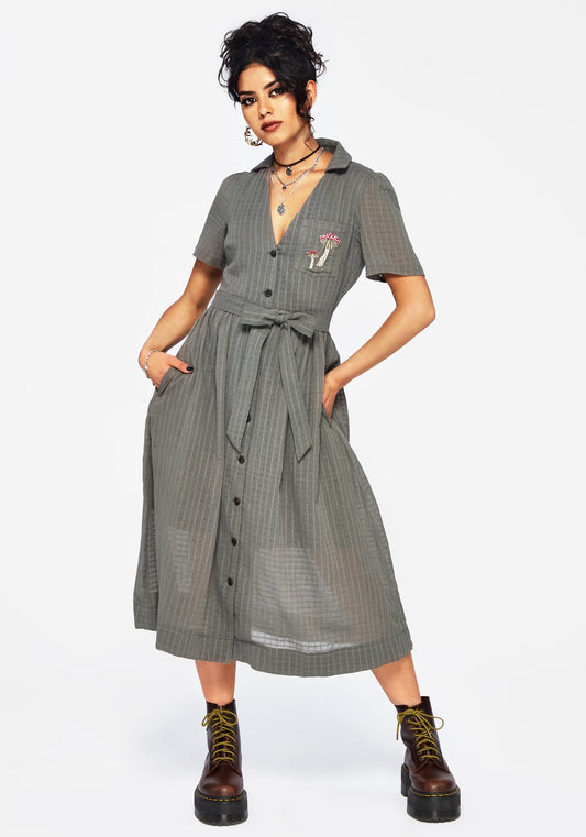 Koax Cotton Check Embroidered Button Up Midi Shirt Dress