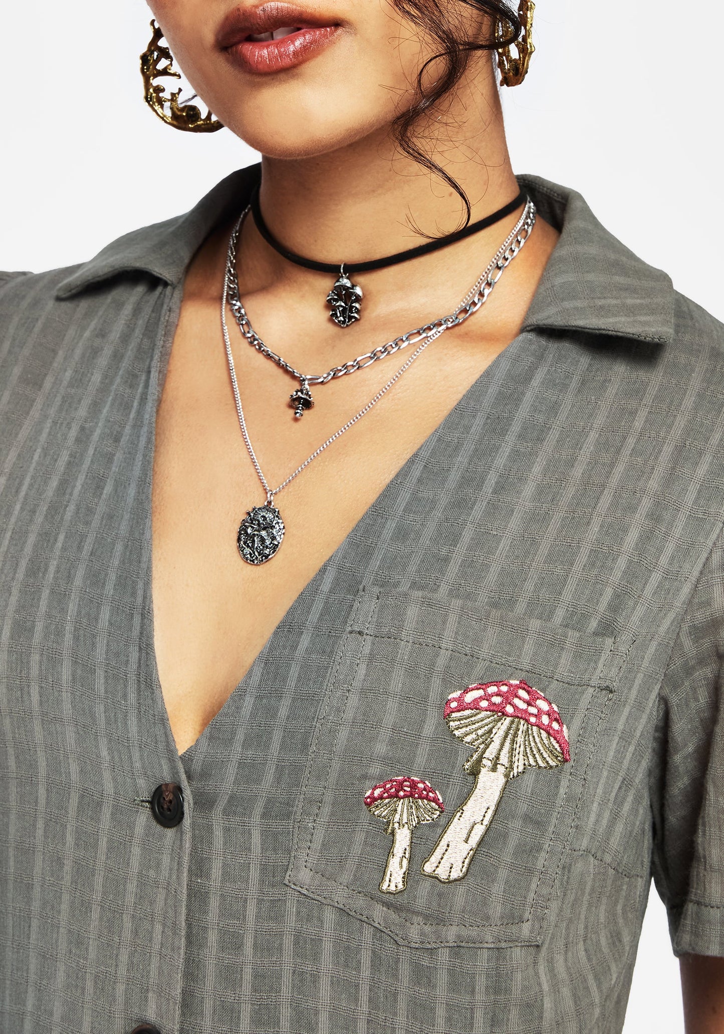 Koax Cotton Check Embroidered Button Up Midi Shirt Dress