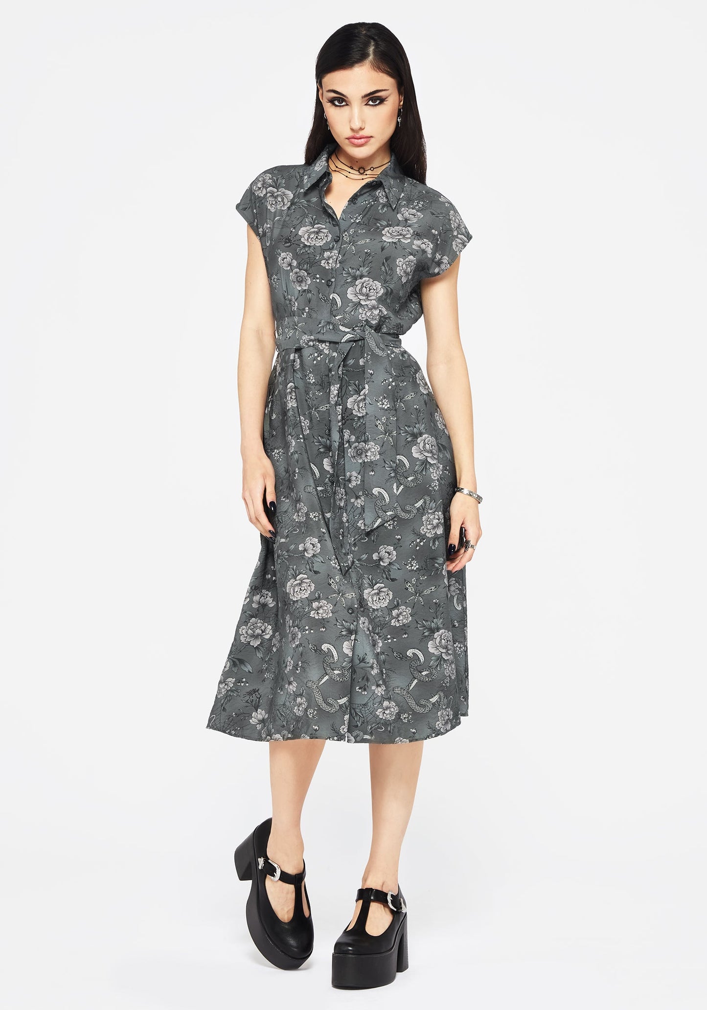 Meadow Floral Serpent Print Midi Shirt Dress