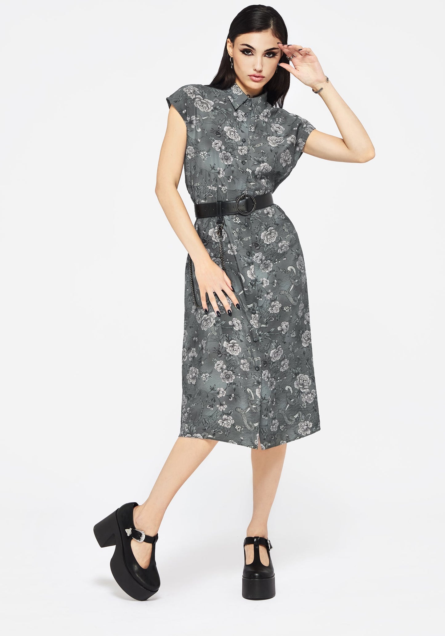 Meadow Floral Serpent Print Midi Shirt Dress