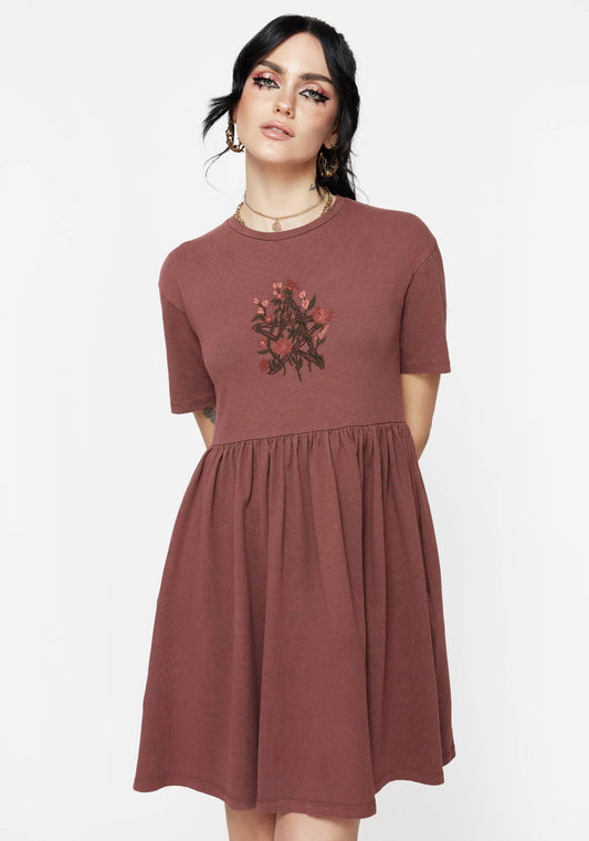 Aster Cotton Pentagram Embroidered Mini Skater Dress