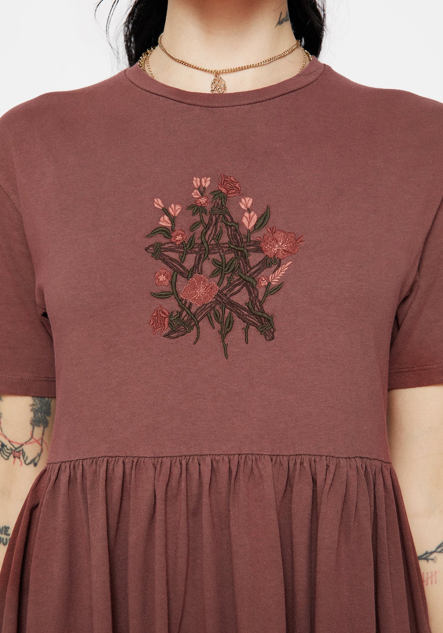 Aster Cotton Pentagram Embroidered Mini Skater Dress